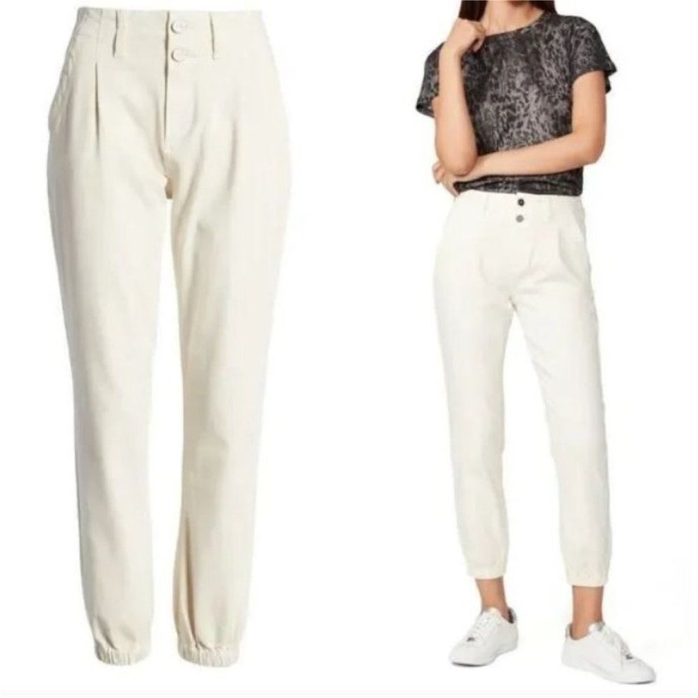 Paige Pleated Mayslie Double Button Skinny Jeans in Quartz Sand 25 cream